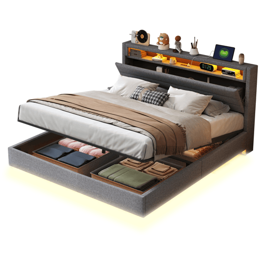 Cama contentora estofada em linho 160x200 cm - com tomada USB e LED - Cinzento Cama contentora estofada em linho 160x200 cm - com tomada USB e LED - Cinzento