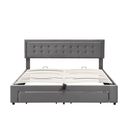Cama contentor estofada em veludo 180x200cm - com gaveta e estrado de molas - Cinzento (sem colchão)