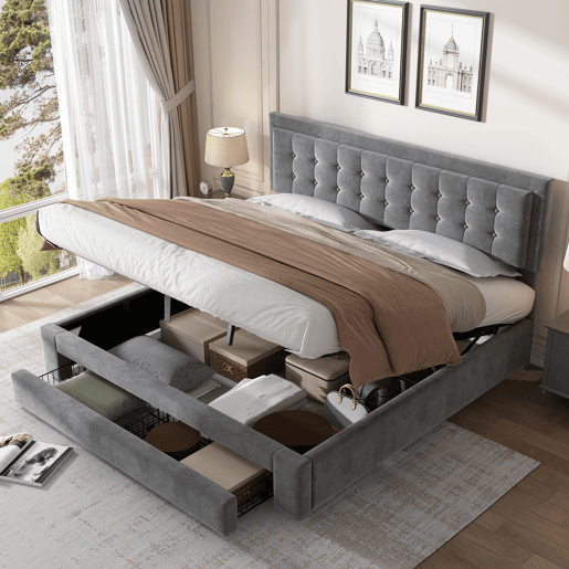Cama contentor estofada em veludo 180x200cm - com gaveta e estrado de molas - Cinzento (sem colchão)