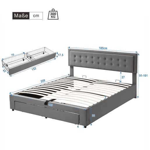 Cama contentor estofada em veludo 180x200cm - com gaveta e estrado de molas - Cinzento (sem colchão)