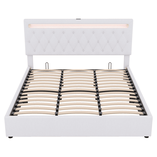 Cama de arrumação almofadada 180x200 cm - com LED que muda de cor e tomadas USB - Branco Cama de arrumação almofadada 180x200 cm - com LED que muda de cor e tomadas USB - Branco