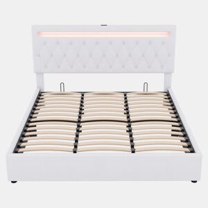Cama de arrumação almofadada 180x200 cm - com LED que muda de cor e tomadas USB - Branco