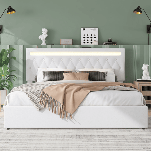 Cama de arrumação almofadada 180x200 cm - com LED que muda de cor e tomadas USB - Branco Cama de arrumação almofadada 180x200 cm - com LED que muda de cor e tomadas USB - Branco