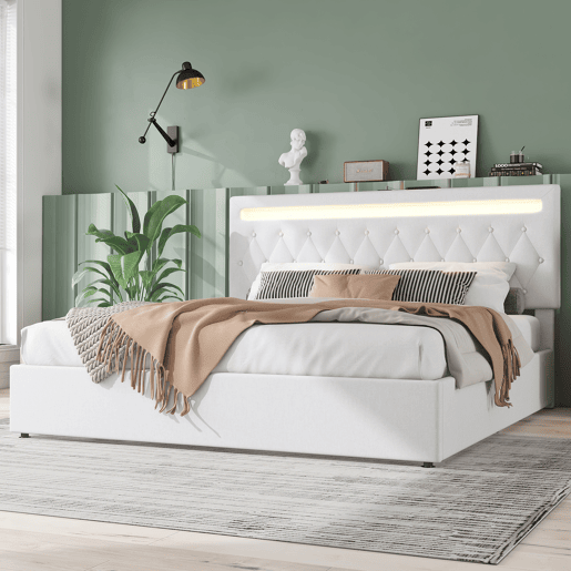 Cama de arrumação almofadada 180x200 cm - com LED que muda de cor e tomadas USB - Branco Cama de arrumação almofadada 180x200 cm - com LED que muda de cor e tomadas USB - Branco
