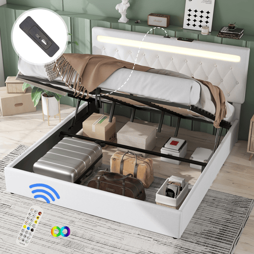Cama de arrumação almofadada 180x200 cm - com LED que muda de cor e tomadas USB - Branco Cama de arrumação almofadada 180x200 cm - com LED que muda de cor e tomadas USB - Branco