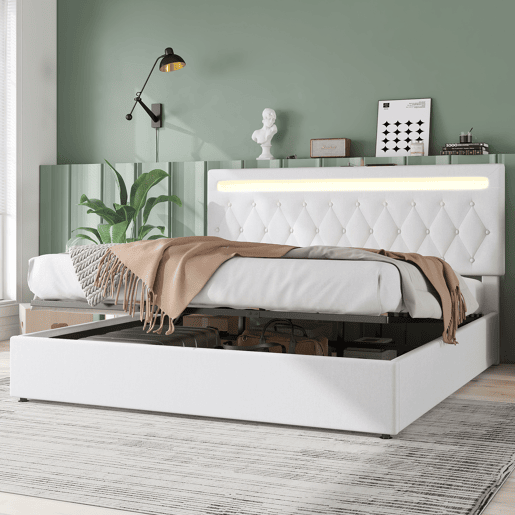 Cama de arrumação almofadada 180x200 cm - com LED que muda de cor e tomadas USB - Branco Cama de arrumação almofadada 180x200 cm - com LED que muda de cor e tomadas USB - Branco