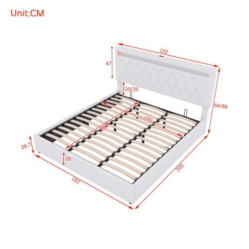 Cama de arrumação almofadada 180x200 cm - com LED que muda de cor e tomadas USB - Branco Cama de arrumação almofadada 180x200 cm - com LED que muda de cor e tomadas USB - Branco