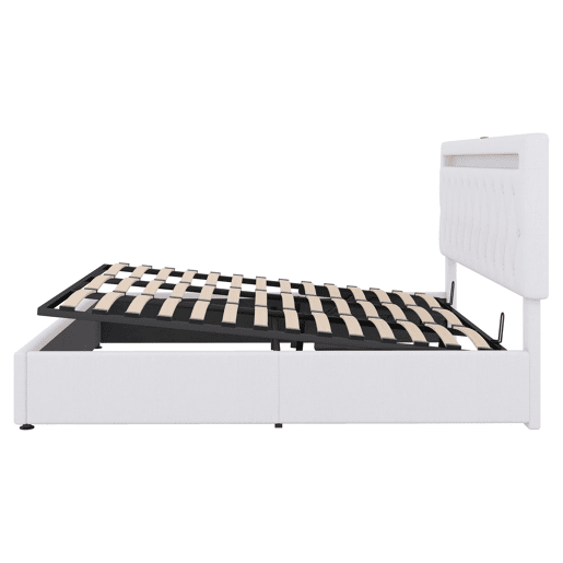 Cama de arrumação almofadada 180x200 cm - com LED que muda de cor e tomadas USB - Branco Cama de arrumação almofadada 180x200 cm - com LED que muda de cor e tomadas USB - Branco