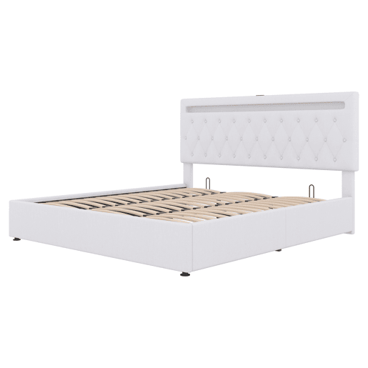 Cama de arrumação almofadada 180x200 cm - com LED que muda de cor e tomadas USB - Branco Cama de arrumação almofadada 180x200 cm - com LED que muda de cor e tomadas USB - Branco