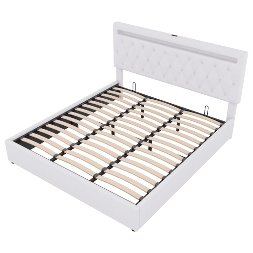 Cama de arrumação almofadada 180x200 cm - com LED que muda de cor e tomadas USB - Branco Cama de arrumação almofadada 180x200 cm - com LED que muda de cor e tomadas USB - Branco