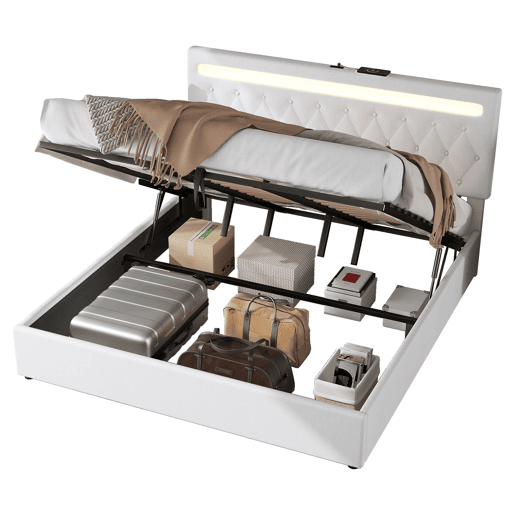 Cama de arrumação almofadada 180x200 cm - com LED que muda de cor e tomadas USB - Branco Cama de arrumação almofadada 180x200 cm - com LED que muda de cor e tomadas USB - Branco