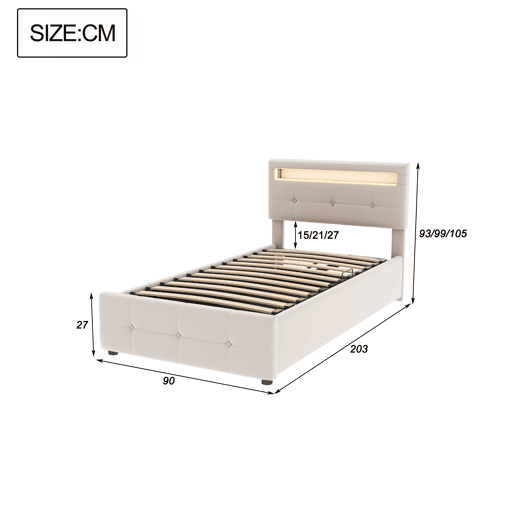 Cama contentora 90x200 cm estofada em veludo - com LED e estrado - Bege