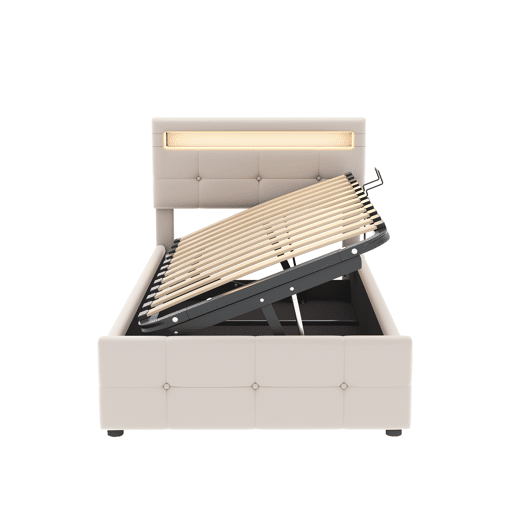 Cama contentora 90x200 cm estofada em veludo - com LED e estrado - Bege