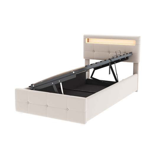 Cama contentora 90x200 cm estofada em veludo - com LED e estrado - Bege