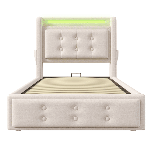 Cama de arrumação em tecido de linho 90x200 cm - com LED e portas de carregamento - Bege