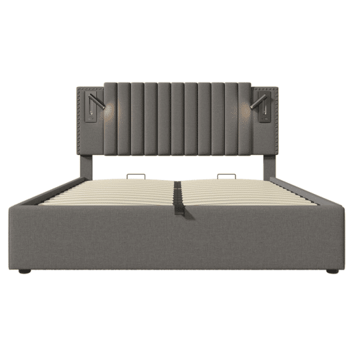 Cama contentora em tecido de algodão 160x200 cm - com luzes de leitura e portas de carregamento USB - com estrado de molas - Cinzento