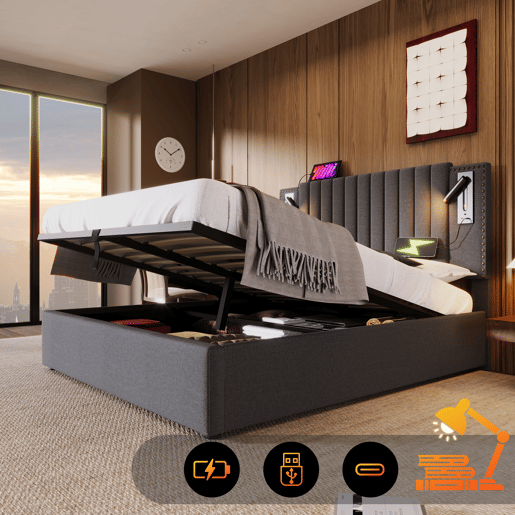 Cama contentora em tecido de algodão 160x200 cm - com luzes de leitura e portas de carregamento USB - com estrado de molas - Cinzento
