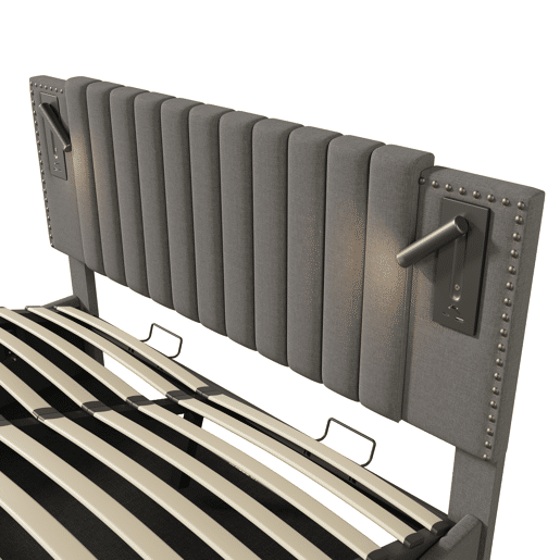 Cama contentora em tecido de algodão 160x200 cm - com luzes de leitura e portas de carregamento USB - com estrado de molas - Cinzento