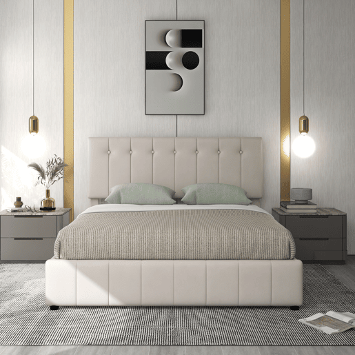Cama estofada com arrumação - 140x200cm - tecido aveludado - Bege