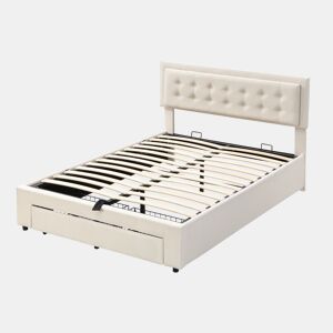 Cama contentor estofada em veludo 140x200cm - com gaveta e estrado de molas - Bege (sem colchão)