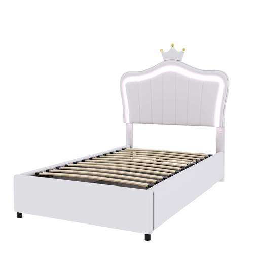 Cama contentora em pele sintética 90x200 cm - com LED e estrado - Branco