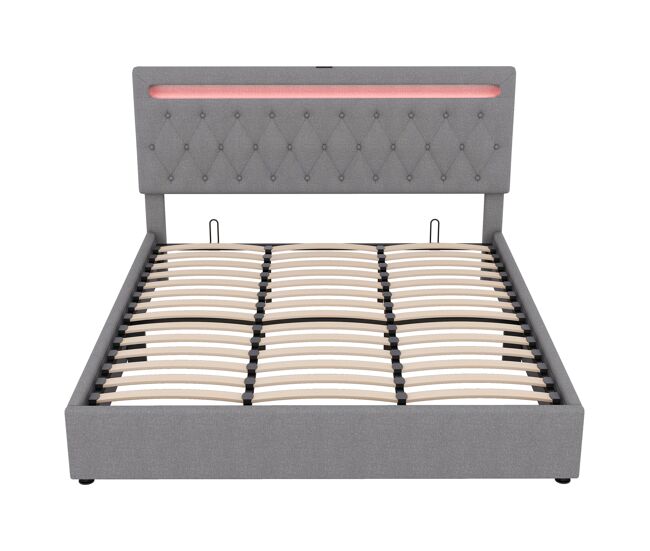 Cama con almacenaje acolchada 180x200 cm - con led que cambia de color y tomas usb - gris