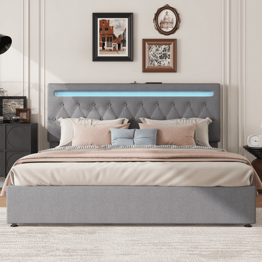 Cama almofadada com arrumação 180x200 cm - com LED que muda de cor e tomadas USB - Cinzento Cama almofadada com arrumação 180x200 cm - com LED que muda de cor e tomadas USB - Cinzento