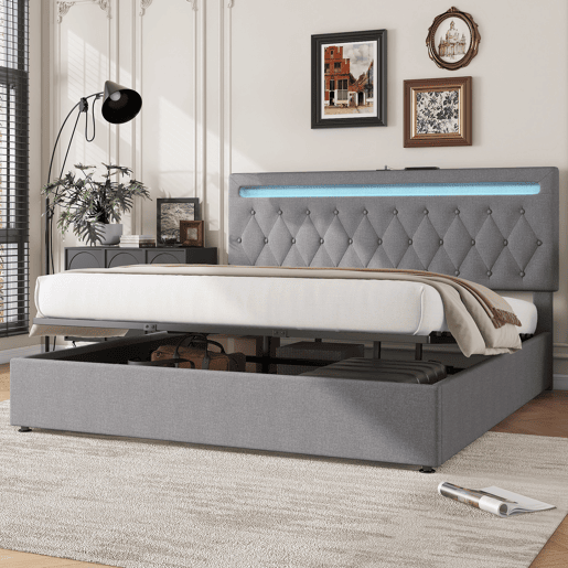 Cama almofadada com arrumação 180x200 cm - com LED que muda de cor e tomadas USB - Cinzento Cama almofadada com arrumação 180x200 cm - com LED que muda de cor e tomadas USB - Cinzento