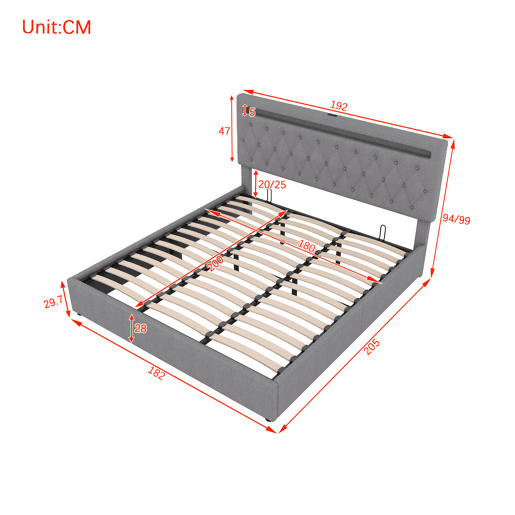 Cama almofadada com arrumação 180x200 cm - com LED que muda de cor e tomadas USB - Cinzento Cama almofadada com arrumação 180x200 cm - com LED que muda de cor e tomadas USB - Cinzento