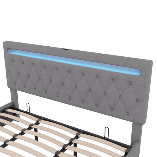 Cama almofadada com arrumação 180x200 cm - com LED que muda de cor e tomadas USB - Cinzento Cama almofadada com arrumação 180x200 cm - com LED que muda de cor e tomadas USB - Cinzento