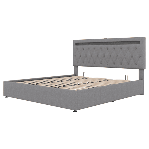 Cama almofadada com arrumação 180x200 cm - com LED que muda de cor e tomadas USB - Cinzento Cama almofadada com arrumação 180x200 cm - com LED que muda de cor e tomadas USB - Cinzento