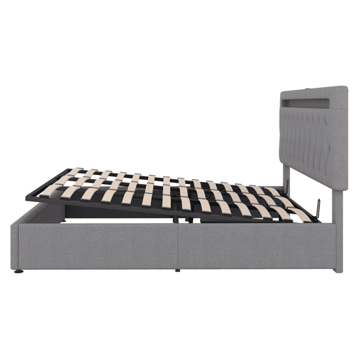 Cama almofadada com arrumação 180x200 cm - com LED que muda de cor e tomadas USB - Cinzento Cama almofadada com arrumação 180x200 cm - com LED que muda de cor e tomadas USB - Cinzento
