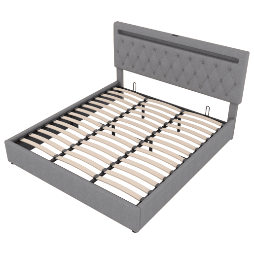 Cama almofadada com arrumação 180x200 cm - com LED que muda de cor e tomadas USB - Cinzento Cama almofadada com arrumação 180x200 cm - com LED que muda de cor e tomadas USB - Cinzento