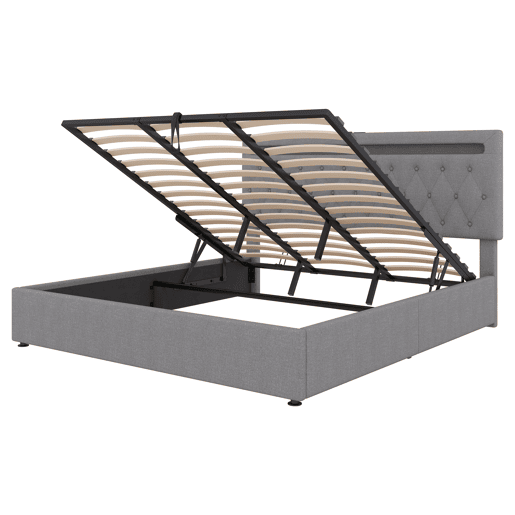 Cama almofadada com arrumação 180x200 cm - com LED que muda de cor e tomadas USB - Cinzento Cama almofadada com arrumação 180x200 cm - com LED que muda de cor e tomadas USB - Cinzento