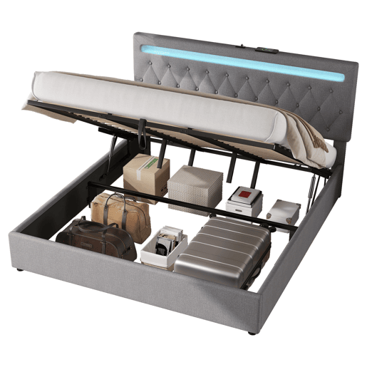 Cama almofadada com arrumação 180x200 cm - com LED que muda de cor e tomadas USB - Cinzento Cama almofadada com arrumação 180x200 cm - com LED que muda de cor e tomadas USB - Cinzento