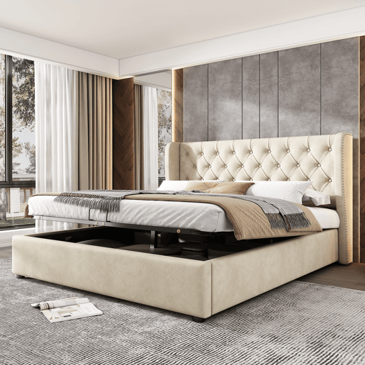 Cama de contentor estofada em veludo 180x200 cm com estrado de ripas - Bege