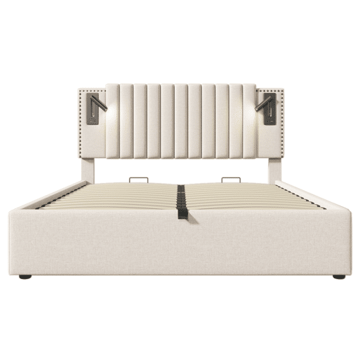 Cama contentora em tecido de algodão 140x200 cm - com luzes de leitura e portas de carregamento USB - com estrado de ripas - Bege