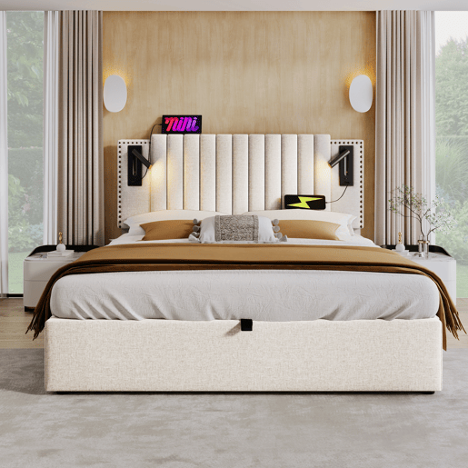 Cama contentora em tecido de algodão 140x200 cm - com luzes de leitura e portas de carregamento USB - com estrado de ripas - Bege