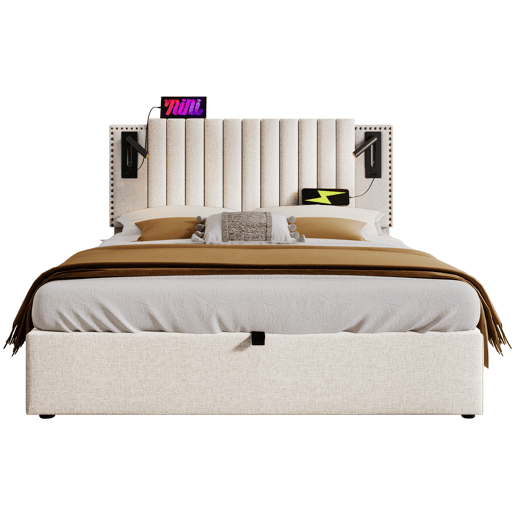 Cama contentora em tecido de algodão 140x200 cm - com luzes de leitura e portas de carregamento USB - com estrado de ripas - Bege