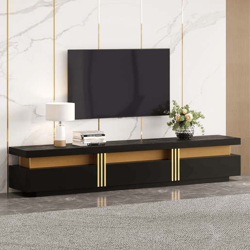 Móvel TV moderno 200 cm - com 3 gavetas - efeito mármore - Preto