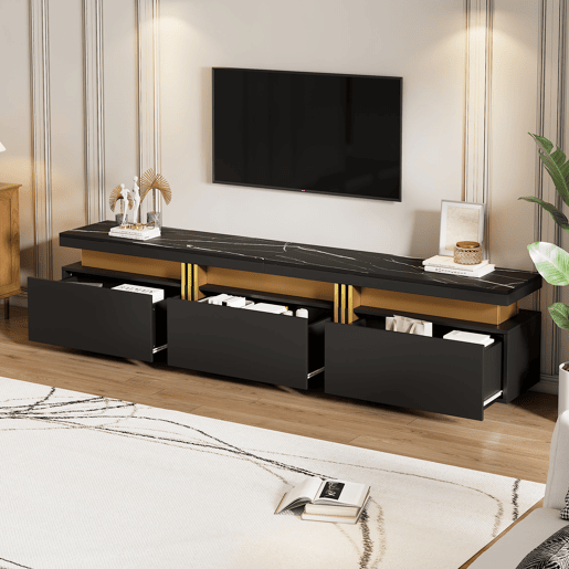 Móvel TV moderno 200 cm - com 3 gavetas - efeito mármore - Preto