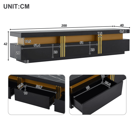 Móvel TV moderno 200 cm - com 3 gavetas - efeito mármore - Preto