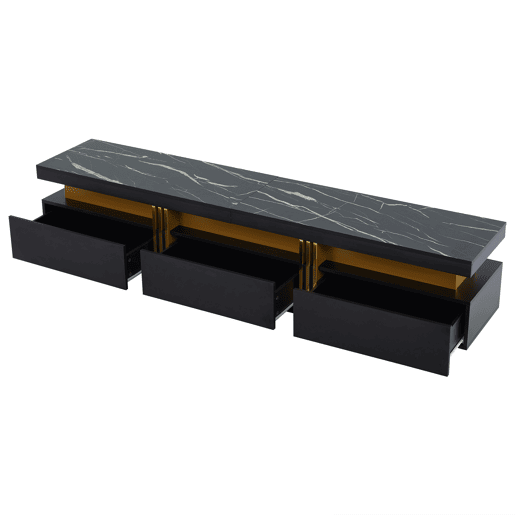 Móvel TV moderno 200 cm - com 3 gavetas - efeito mármore - Preto
