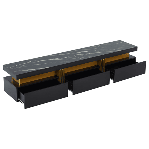 Móvel TV moderno 200 cm - com 3 gavetas - efeito mármore - Preto