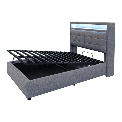 Cama de linho com arrumação estofada - 140x200 cm - com LED + tomada USB + estrado - Cinzento