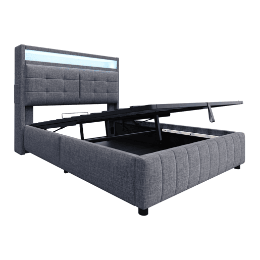 Cama de linho com arrumação estofada - 140x200 cm - com LED + tomada USB + estrado - Cinzento