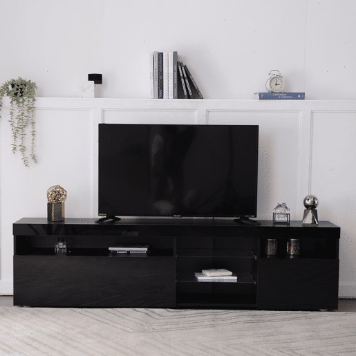 Móvel TV moderno de 180 cm com LED - 3 portas e 5 compartimentos abertos - Preto