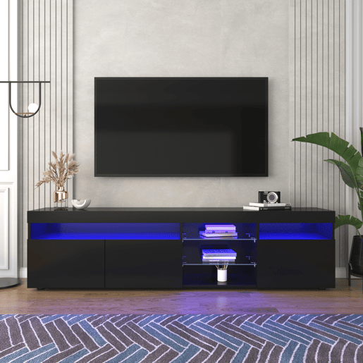 Móvel TV moderno de 180 cm com LED - 3 portas e 5 compartimentos abertos - Preto