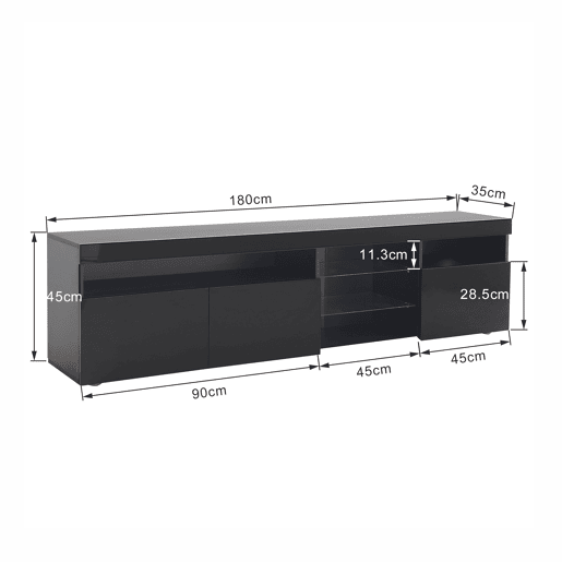 Móvel TV moderno de 180 cm com LED - 3 portas e 5 compartimentos abertos - Preto
