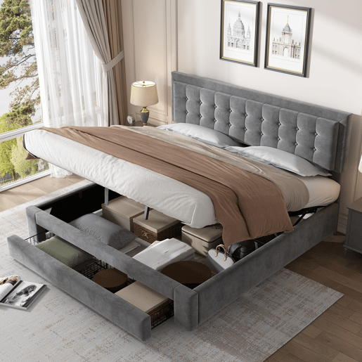 Cama contentora estofada em veludo 160x200cm - com gaveta e estrado de molas - Cinzento (sem colchão)